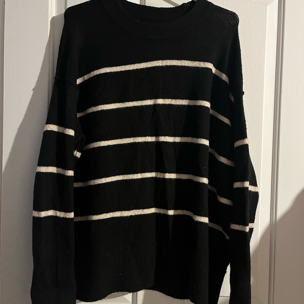 Aerie Black and White Striped Crewneck Sweater